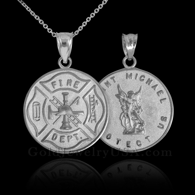 White Gold Firefighter Badge Reversible St. Michael Pendant Necklace