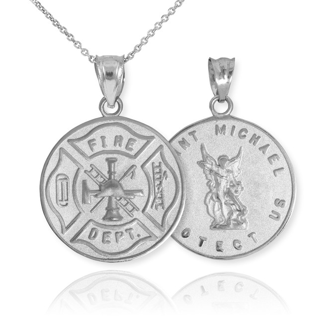 White Gold Firefighter Badge Reversible St. Michael Pendant Necklace
