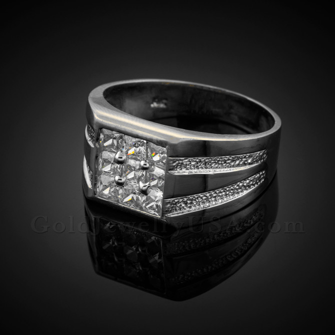 Men's White Gold Square Top CZ Ring
