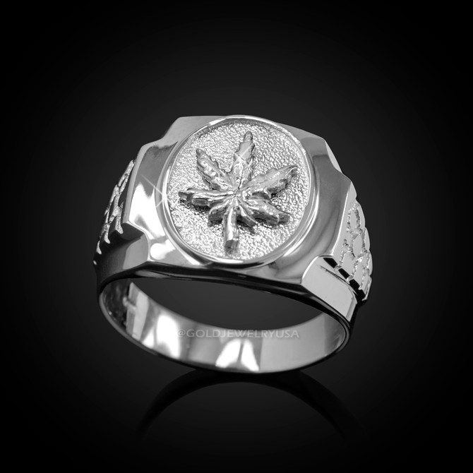 Mens White Gold Marijuana Leaf Cannabis Ring