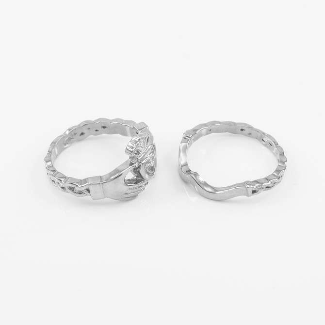 2pc White Gold Claddagh Engagement Ring with Trinity Band