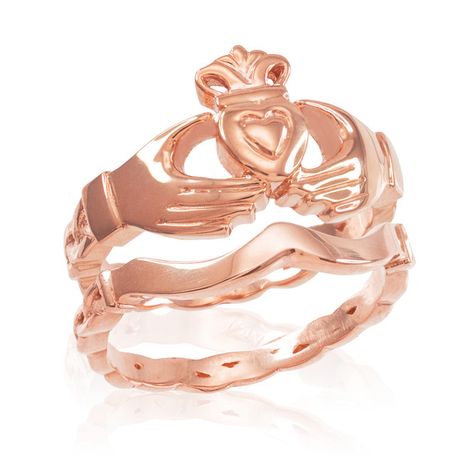2pc Rose Gold Claddagh Engagement Ring with Trinity Band