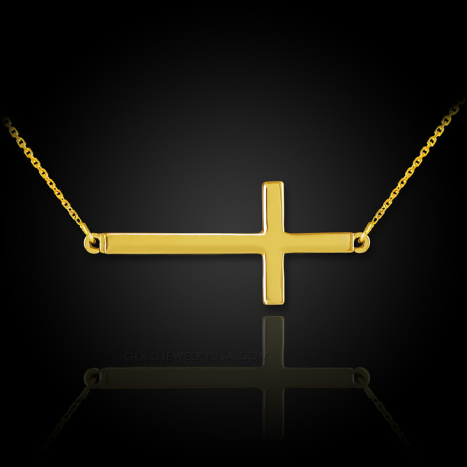14K Solid Gold Sideways Cross Necklace