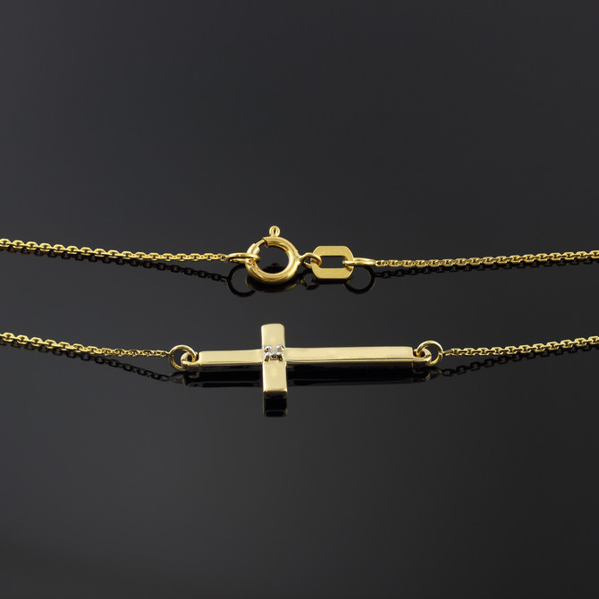 14K Gold Sideways Cross Cute Diamond Necklace