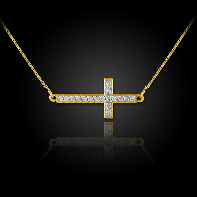 Sideways cross necklace with diamonds