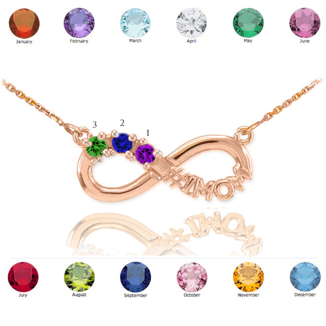 14K Rose Gold Infinity #1MOM Necklace with Triple CZ Birthstones