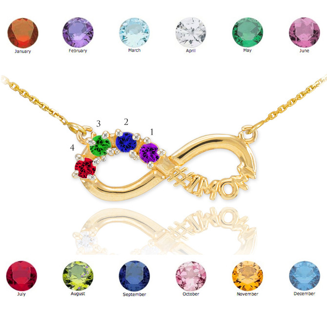 14K Gold Infinity #1MOM Necklace with Four CZ Birthstones