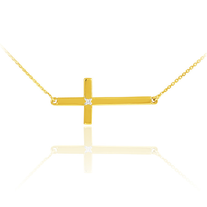 14K Solid Gold Sideways Diamond Cross Necklace