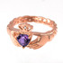 Rose Gold Celtic Band Amethyst CZ Claddagh Ring