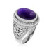 White Gold Lotus Yoga Mantra Oval Amethyst Cabochon Statement Ring
