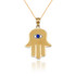 Yellow Gold Hamsa Blue CZ Evil Eye Pendant Necklace