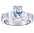 White Gold Diamond Claddagh Ring with 0.40 Carats Band and Heart Aquamarine Center Stone