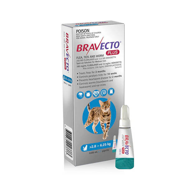 Bravecto Plus Spot-On for Medium Cats 2.8-6.25kg (Blue) - 2 x Dose