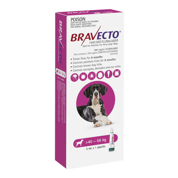 Bravecto Spot-on for Very Large Dogs 40-56kg (Pink) - Single Dose