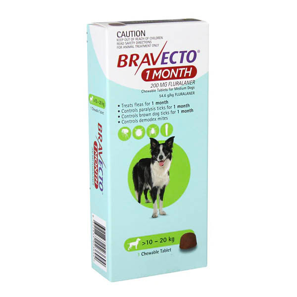 Bravecto 1-Month Tablet for Medium Dogs 10-20kg (Green) - Single