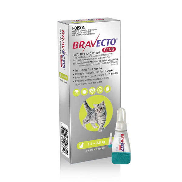 Bravecto Plus Spot-On for Kittens/Small Cats 1.2-2.8kg (Green) - Single Dose