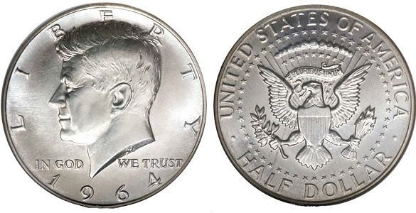 $1 FV 90% Silver 1964 Kennedy Half Dollars - AU