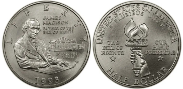 1993-D $1 Bill Rights, Madison Silver Commem - BU
