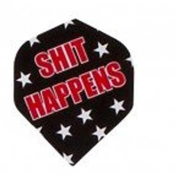 Standard dart flights that say "Shit Happens" Standard dart flights that say "Shit Happens"