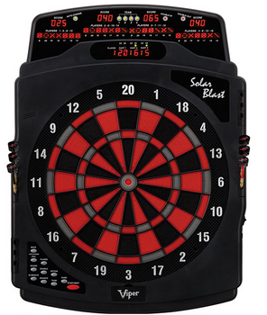 Viper Solar Blast electronic dart board in red, black and gray. Viper Solar Blast electronic dart board in red, black and gray.