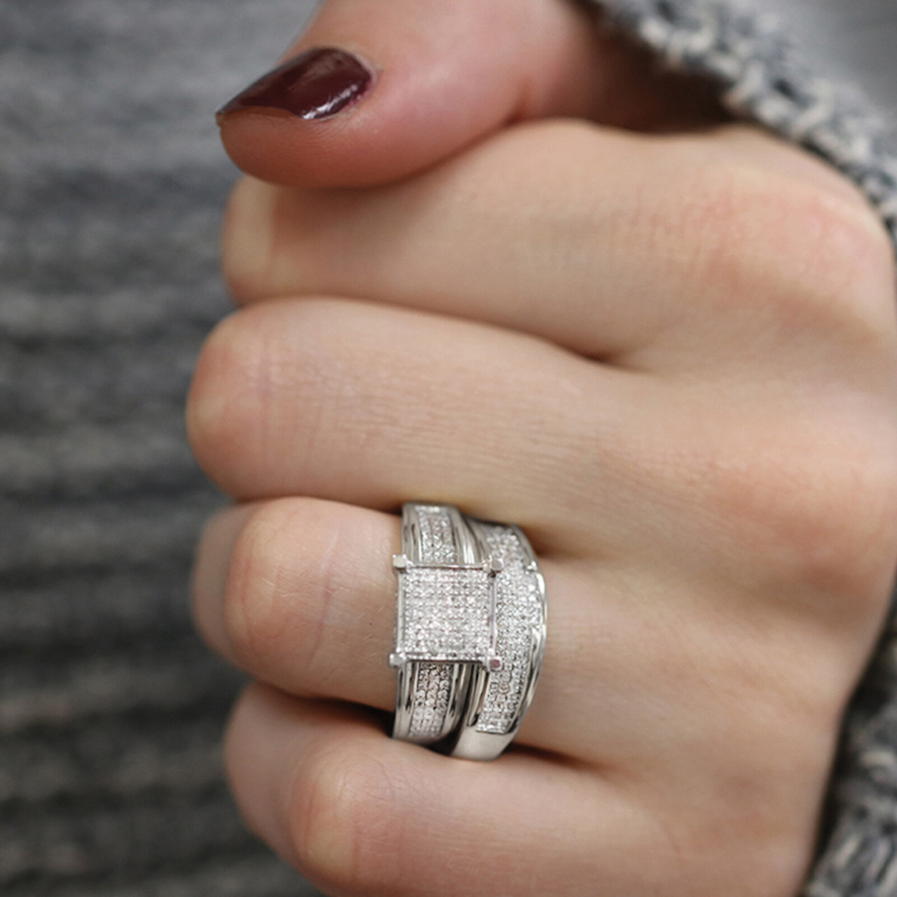 Affy 3/4 Diamond Princess Cluster Bridal Set 10K White