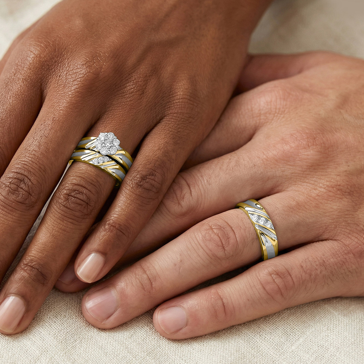 Cascade 3/8 ct tw. Round Diamond Matching Trio Ring Set 10K Yellow Gold ...