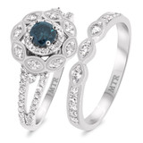 Photo of Khadija 1 3/4 CT. T.W. Blue Diamond Round Solitaire Bridal Set 10K White Solid Gold [BR213W-B045]