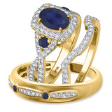 Photo of Lone 2 1/3 Carat T.W. Sapphire and Diamond Trio Matching Wedding Ring Set 10K Yellow Gold [BT894Y-C000]