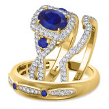 Photo of Lone 2 1/3 Carat T.W. Sapphire and Diamond Trio Matching Wedding Ring Set 14K Yellow Gold [BT894Y-C000]