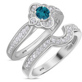 Photo of Salima 7/8 CT. T.W. Blue Diamond Round Solitaire Bridal Set 10K White Solid Gold [BR215W-B033]