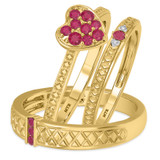 Photo of Manuka 3/8 Carat T.W. Ruby and Diamond Trio Matching Wedding Ring Set 10K Yellow Gold [BT2089Y-C000]