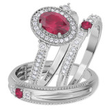 Photo of Magnol 1 1/10 CT. T.W. Ruby and Diamond Trio Matching Wedding Ring Set 14K White Gold [BT2086W-C000]