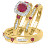 Photo of Mawar 1 1/7 CT. T.W. Ruby and Diamond Trio Matching Wedding Ring Set 14K Yellow Gold [BT2075Y-C000]