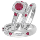 Photo of Mawar 1 1/7 CT. T.W. Ruby and Diamond Trio Matching Wedding Ring Set 14K White Gold [BT2075W-C000]