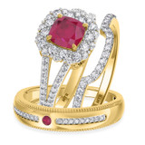 Photo of Evanthe 2 CT. T.W. Ruby and Diamond Trio Matching Wedding Ring Set 14K Yellow Gold [BT2072Y-C000]