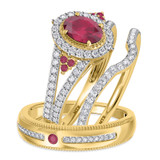 Photo of Kantuta 1 1/2 CT. T.W. Ruby and Diamond Trio Matching Wedding Ring Set 10K Yellow Gold [BT2087Y-C000]