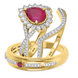 Photo of Liana 2 1/10 CT. T.W. Ruby and Diamond Trio Matching Wedding Ring Set 14K Yellow Gold [BT2084Y-C000]