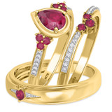 Photo of Abilia 1 1/5 CT. T.W. Ruby and Diamond Trio Matching Wedding Ring Set 10K Yellow Gold [BT2076Y-C000]