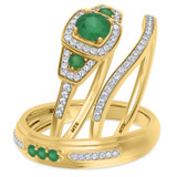 Photo of Diantha 1 1/4 CT. T.W. Emerald and Diamond Trio Matching Wedding Ring Set 10K Yellow Gold [BT2149Y-C000]
