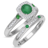 Photo of Mawar 1 CT. T.W. Emerald and Diamond Matching Bridal Ring Set 14K White Gold [BR2145W-C000]