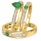 Photo of Hana 7/8 CT. T.W. Emerald and Diamond Trio Matching Wedding Ring Set 14K Yellow Gold [BT2143Y-C000]