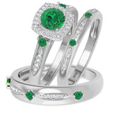 Photo of Mawar 1 1/7 Carat T.W. Emerald and Diamond Matching Wedding Trio Set 14K White Gold Vermeil [BT2684W-C000]
