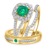 Photo of Evanthe 2 CT. T.W. Emerald and Diamond Matching Wedding Trio Set 14K Yellow Gold Vermeil [BT2670Y-C000]