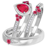 Photo of Abilia 1 1/5 CT. T.W. Ruby and Diamond Matching Wedding Trio Set 14K White Gold Vermeil [BT2686W-C000]