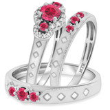 Photo of Azaleia 1 1/3 CT. T.W. Ruby and Diamond Matching Wedding Trio Set 14K White Gold Vermeil [BT2687W-C000]