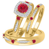 Photo of Mawar 1 1/7 CT. T.W. Ruby and Diamond Matching Wedding Trio Set 14K Yellow Gold Vermeil [BT2709Y-C000]