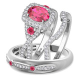 Photo of Lone 2 1/3 CT. T.W. Ruby and Diamond Matching Wedding Trio Set 14K White Gold Vermeil [BT2706W-C000]