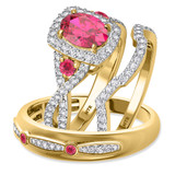 Photo of Lone 2 1/3 Carat T.W. Ruby and Diamond Matching Wedding Trio Set 14K Yellow Gold Vermeil [BT2706Y-C000]