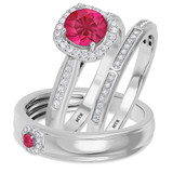 Photo of Delphine 1 1/2 Carat T.W. Ruby and Diamond Matching Wedding Trio Set 14K White Gold Vermeil [BT2692W-C000]