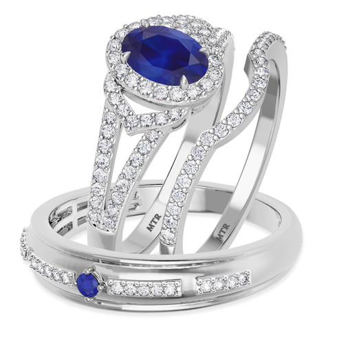 Photo of Bellerose 1 1/2 CT. T.W. Sapphire and Diamond Trio Matching Wedding Ring Set 14K White Gold [BT1001W-C000]